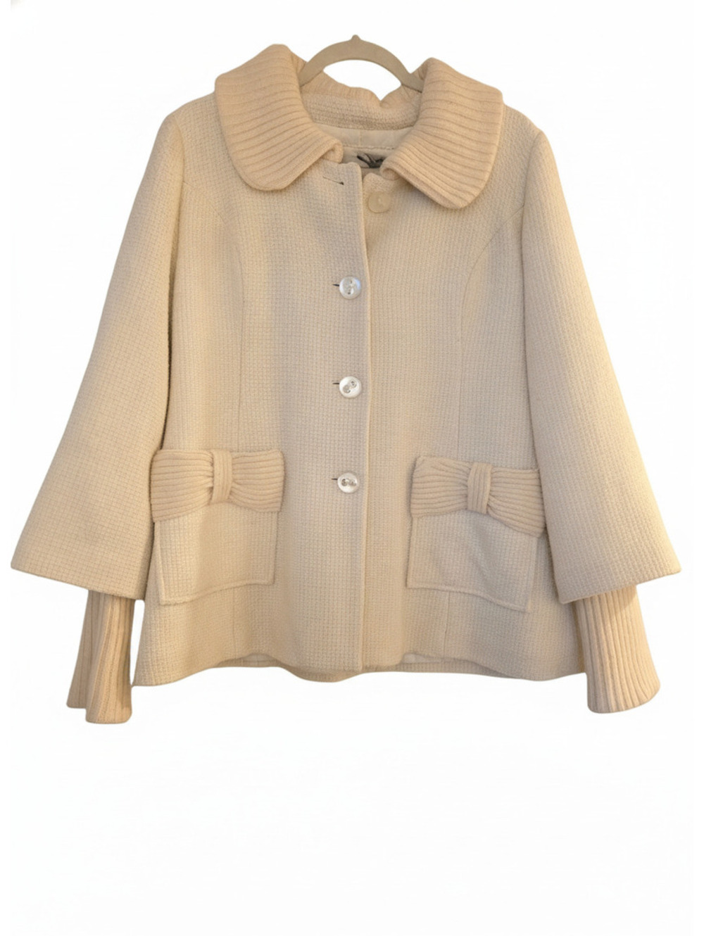 EUC, Anthropologie Tabitha Cream Wool Blend Button-Up Coat,Bow Detail Size L